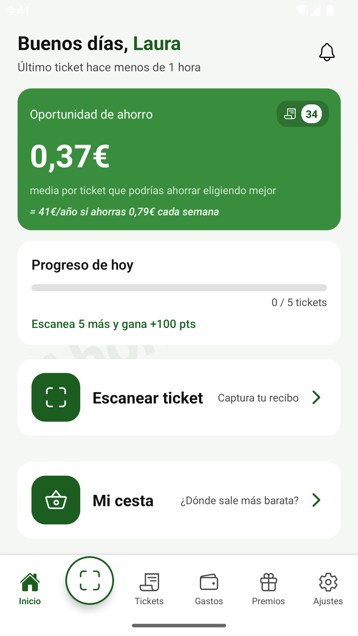 Pantalla de Inicio: «Buenos días, Laura», tarjeta Oportunidad de ahorro de 0,37€ por ticket, Progreso de hoy y los accesos Escanear ticket y Mi cesta